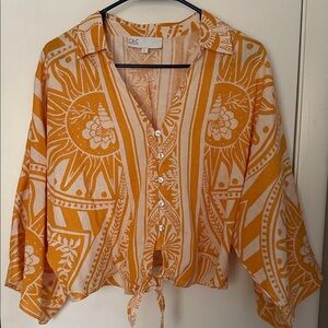 C&C California Women's Orange linen Patterned Button Down Shirt